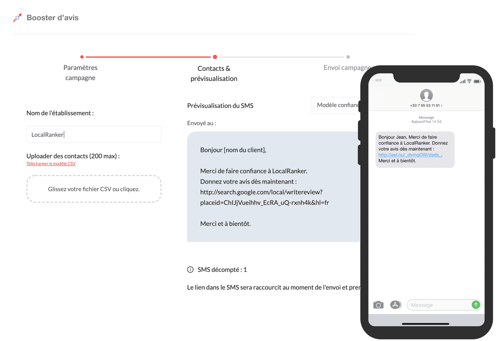 Envoi d'un lien d'avis Google par SMS